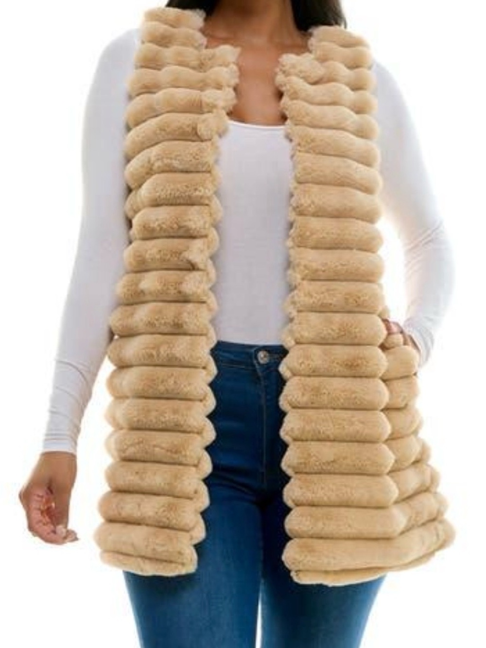 Nina Leonard Plush Ribbed Faux Fur Vest in Tan